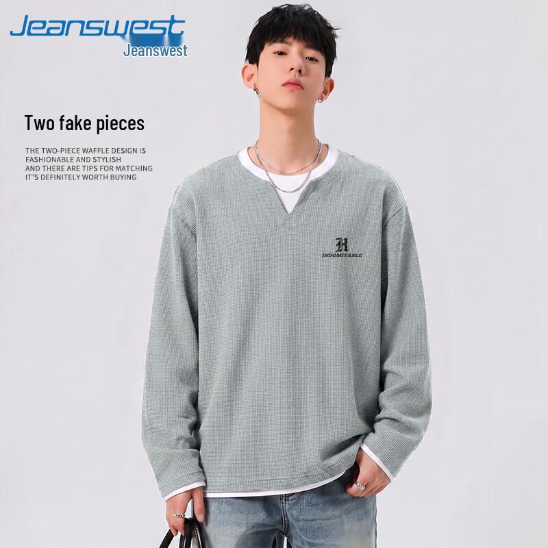 Jeanswest Men's Retro Waffle Knit Fake Two-Piece Long-Sleeve T-Shirt