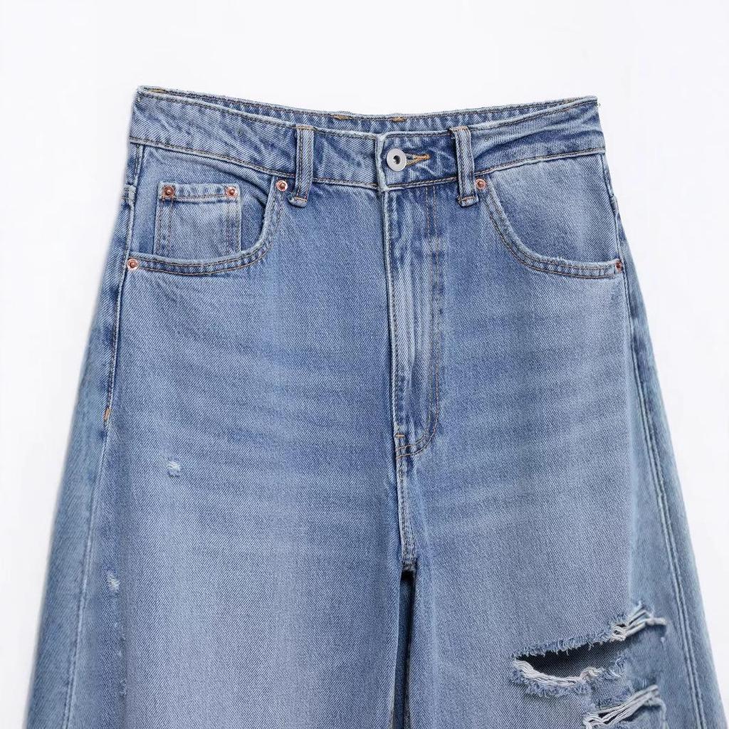 2025 Spring Women's European-American Ripped Loose Mid-Waist Jeans