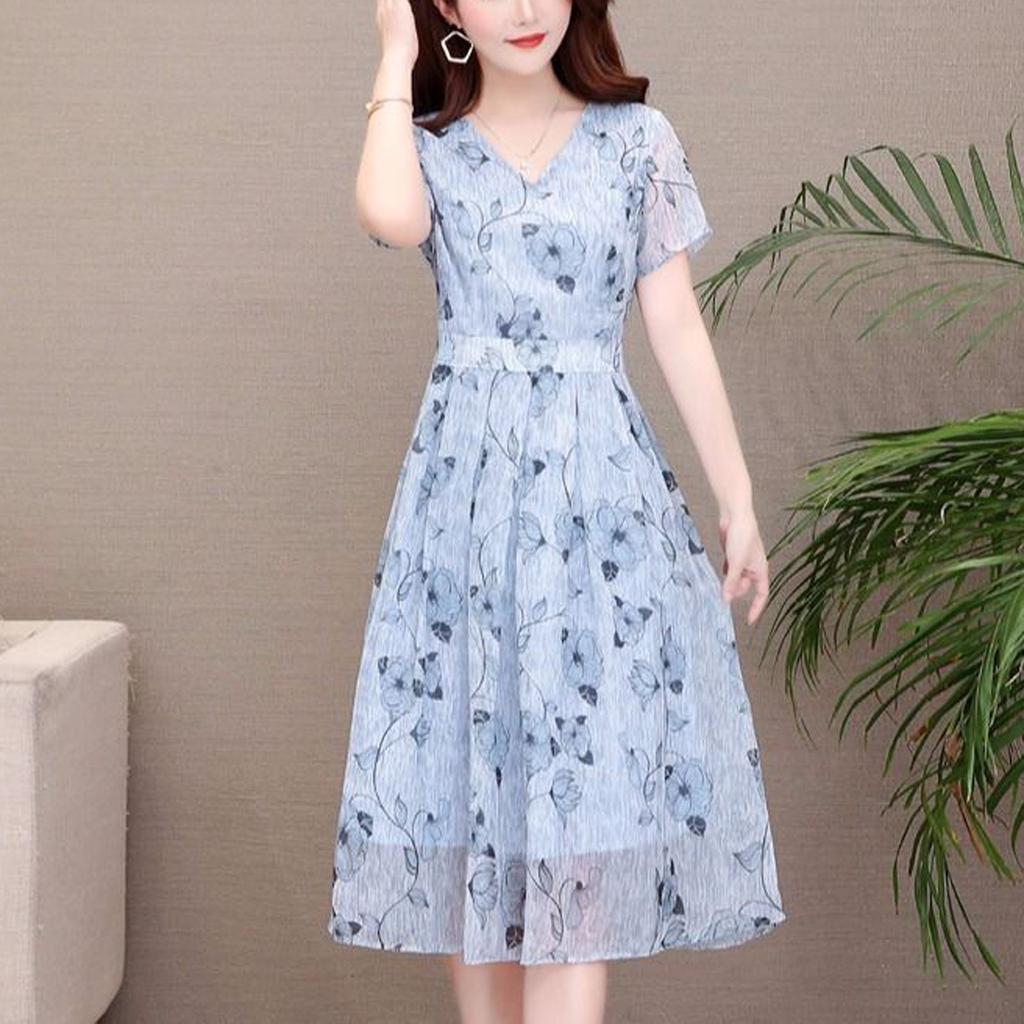 Fashion Casual Women O-Neck Short Sleeve Ladies Loose  Print Knee Length Dress