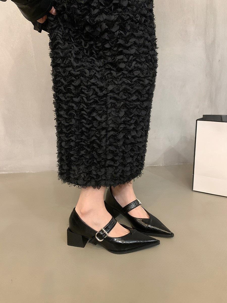 

Туфли-лодочки с острым носом и неглубоким вырезом, женские, на среднем каблуке, новые 2024 года, с французским вечерним темпераментом, с ретро толстым каблуком, туфли Мэри Джейн 39 чёрный