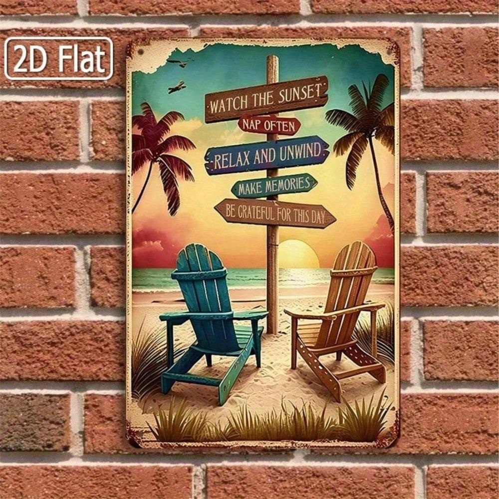 1PC Beach Sunset Tin Sign 8x12 Inch, Vintage Nautical Wall Art, Relax Ocean Breeze Metal Decor, Retro Seaside Retreat