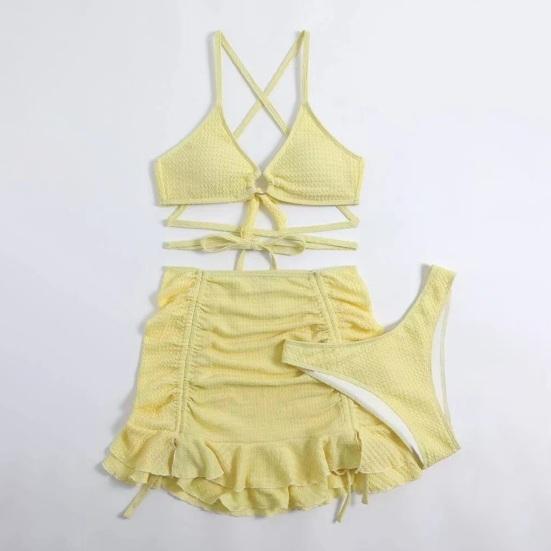 3Pcs/Set Women Swimsuit Solid Color Wave Texture Sexy Split Bikini with Drawstring Ruffle Trim Skirt Lace-up Beachwear
