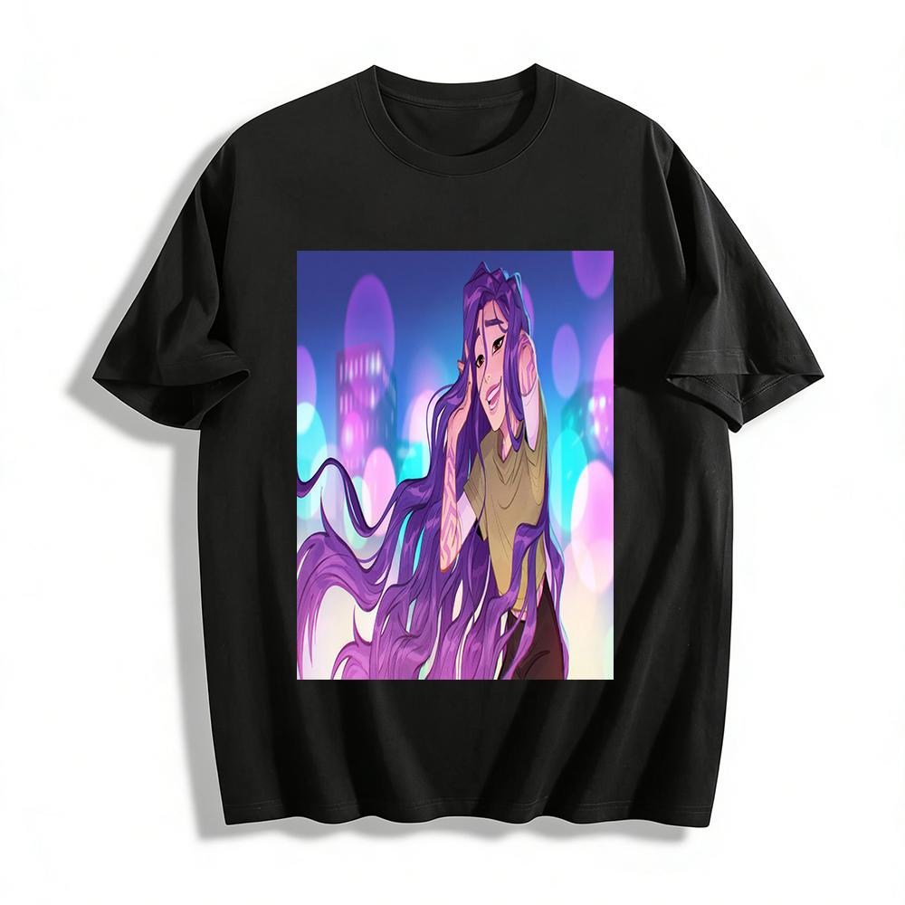 

Cool Purple-haired Urban Girl Print Short-sleeve T-shirt Casual Street-style Loose Breathable Daily Top Pure cotton T-shirt 6XL