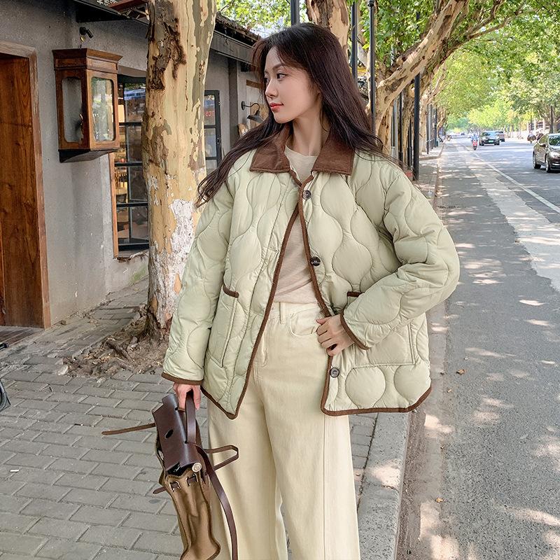 Lapel Cotton Jacket Women's Autumn/winter 2025 New Winter Short Contrasting American Retro Diamond Plaid Cotton Clothestlet Cotton Jacket Thin