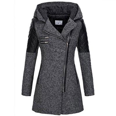 Autumn And Winter New Style Diagonal Zipper Hooded Woolen Windbreaker Mid-length Thickened Warm Coat Cotton Coat For Women