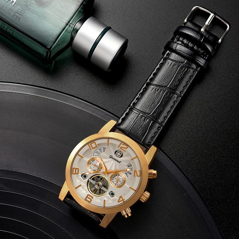 GUCAMEL Herren-Mechanikuhr, Tourbillon-Gürtel, Business-Mechanische Uhr, Ewiger Kalender, Herrenuhr