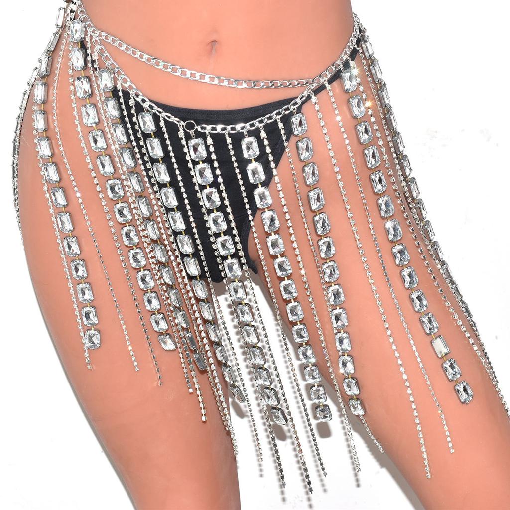 Female Rhinestone Body Chain Silver Crystal Waist Belt Dance Skirt Silver Tassel Belly Chain Women