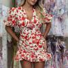 2026 Spring New Women's Clothing, Foreign Trade European and American Dresses, Elegant and Sexy Printed Lantern Sleeves Pleated Short Skirts