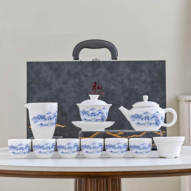 Tee-Set aus Speckstein-Jade für den Haushalt, hochwertiges Dehua-Weißporzellan, Keramik-Teekanne, Deckelschale, Teetasse, Keramik, hochwertig, Kung-Fu-Tee