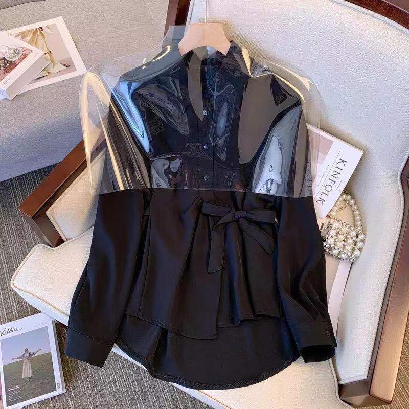 Fashion Korean Turn-down Collar Lace Up Button Shirt  Autumn Women's Clothing All-match Solid Color Long Sleeve Loose Blouse