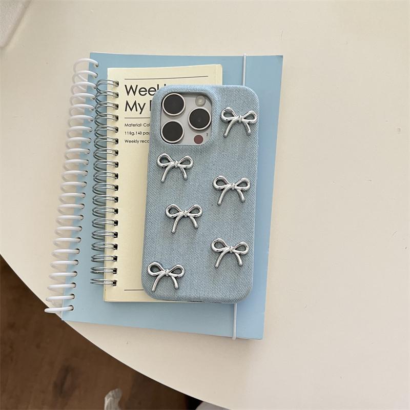

Korean Cute Silver Bowknot Denim Phone Case For iPhone 17 Pro 16 15 14 Pro Max Cover with Pendant Lovely Protective Cses For Gir For iPhone 13