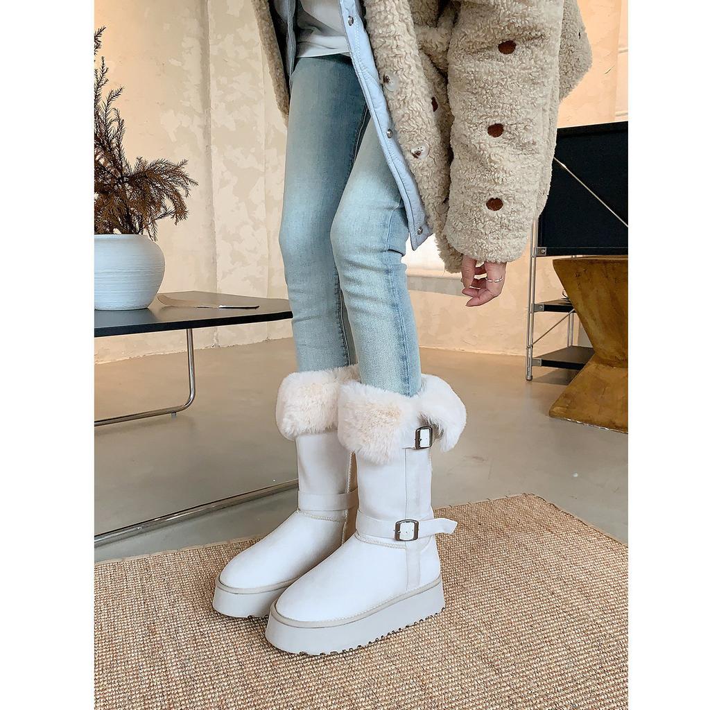 Off-white thick-soled snow boots women's winter plush tall tube double buckle belt thickened warm non-slip cotton boots