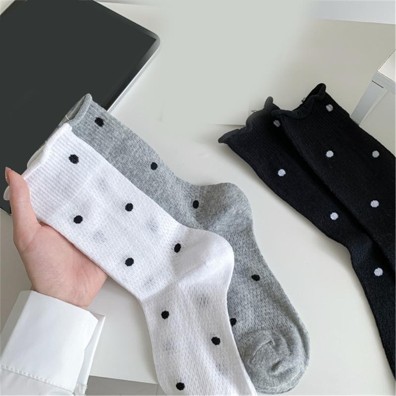Womens Japanese Vintage Dots Pattern Cotton Middle Tube Calf Socks Hollow Out Breathable Mesh Thin Roll Cuffs Crew Socks