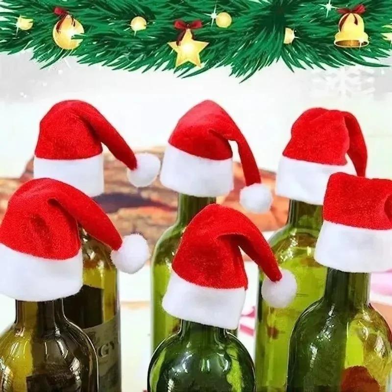 5/100pcs Mini Christmas Wine Bottle Hats Soft Velvet Santa Hats Non Woven Fabric Xmas Party Decor Table Wine Bottle Decoration