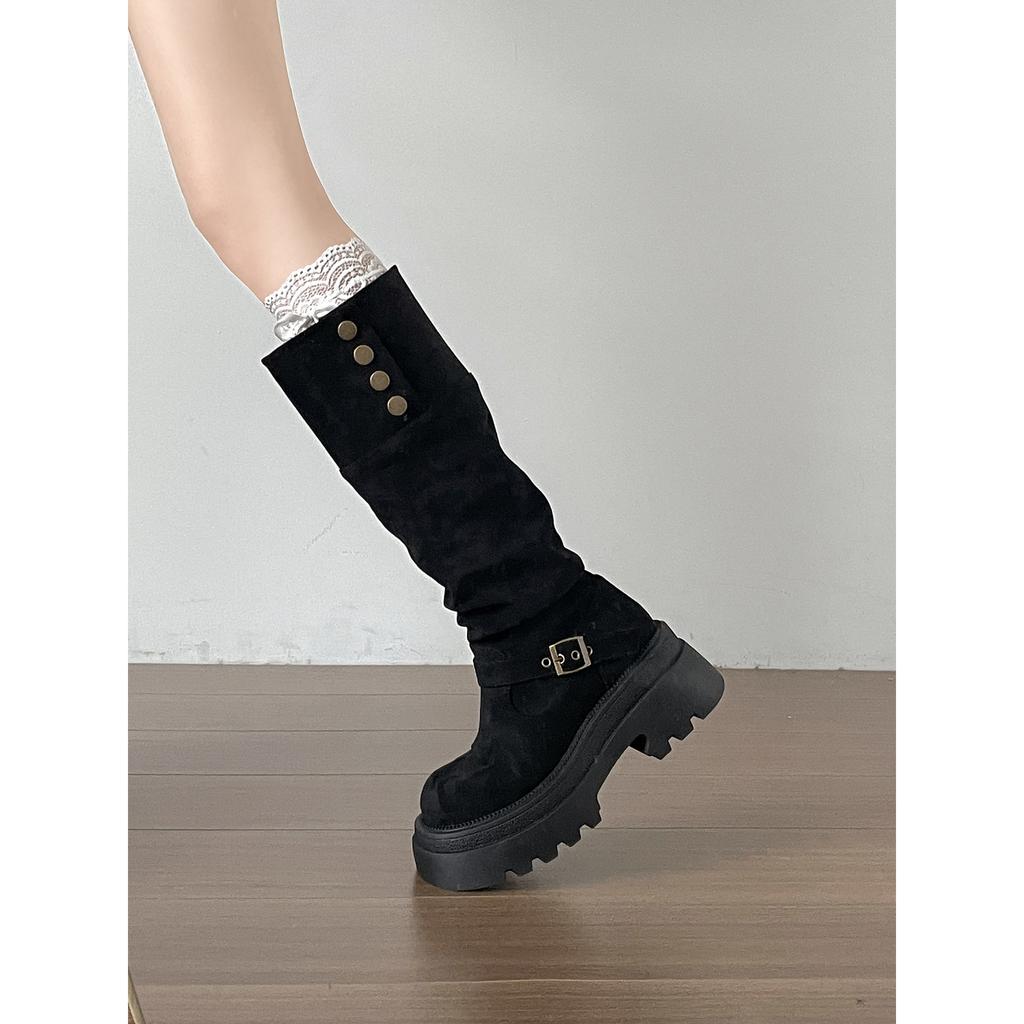 Black Retro Versatile Thick-soled Thick-heeled Boots Children's Boots 2025 New Autumn Thin and Heightened Knight Boots