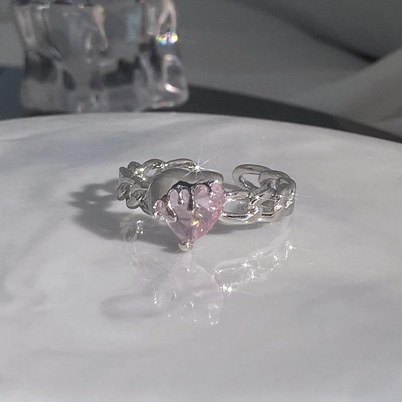 Sweet Pink Diamond Heart Adjustable Ring - Cool, Elegant, Inlaid Gems, High-End Design