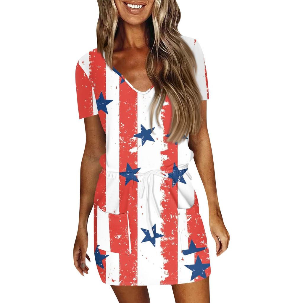 Women's Summer Casual Fashion Independence Day Printed Drawstring V Neck Short Sleeve Dress