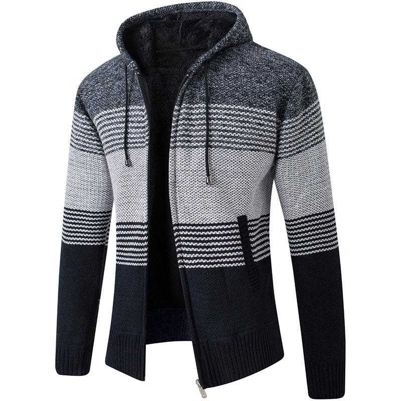 Men's Autumn Winter Striped Hooded Zipper Sweater Cardigans - Thick Color-Blocked Warm Knitwear for Casual Wear