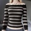 Women Long Sleeve Shirt Striped Off-Shoulder Tops Casual Pullover for Fall Club Streetwear Aesthetic Clothes