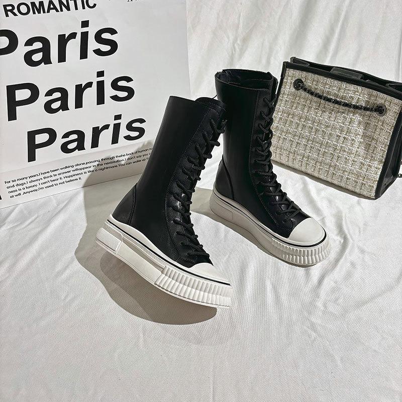 Leather summer thin net boots women's new fashionable versatile thick bottom inner height increase women's hollow cool boots