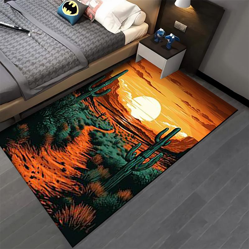 Sunset Desert Scene Carpet with Cactus Pattern, Warm Earth Tones Design Suitable for Use As an Anti-slip for Living Room Bedroom Sofas
