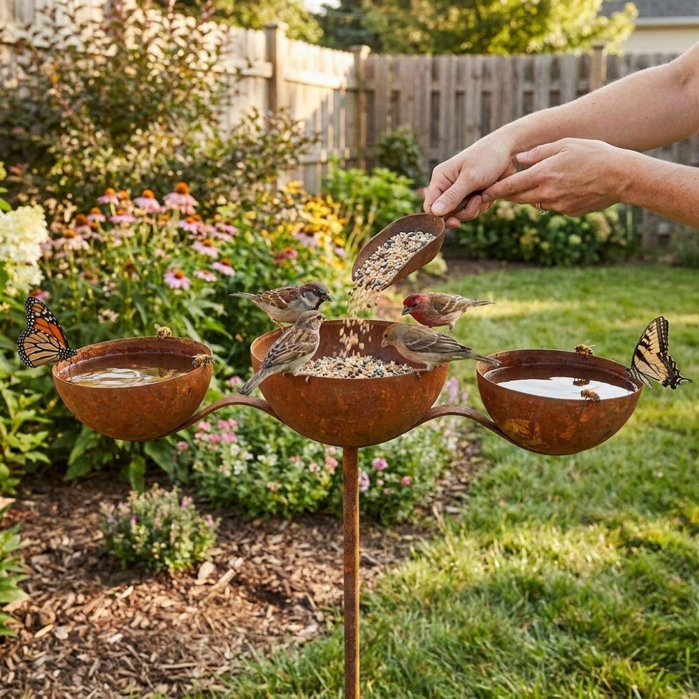 Rusted 3-Tiered Bird Bath Metal Bird Feeding Station Multi-Purpose Bird Water Bowls Yard