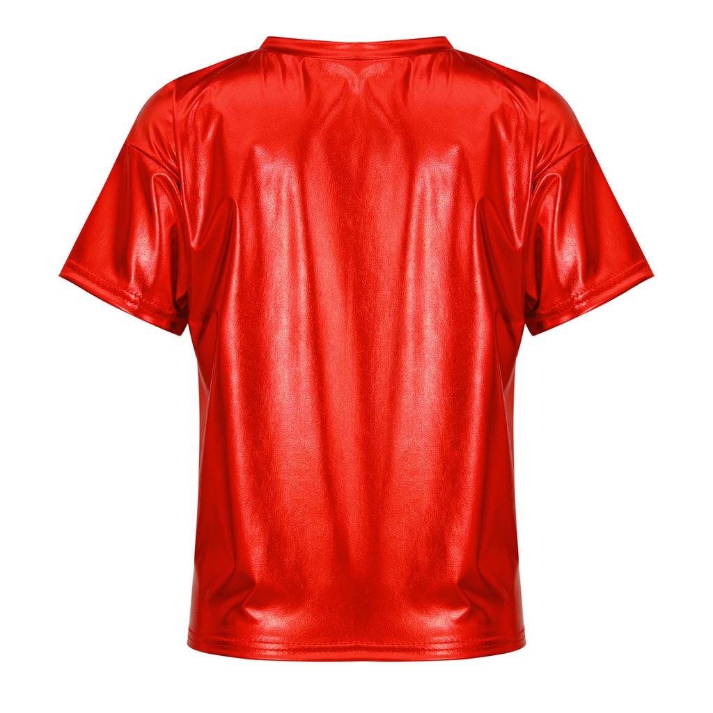 Girls Metallic Shiny Short Sleeve T-Shirt Round Neck Dance Party Performance Top