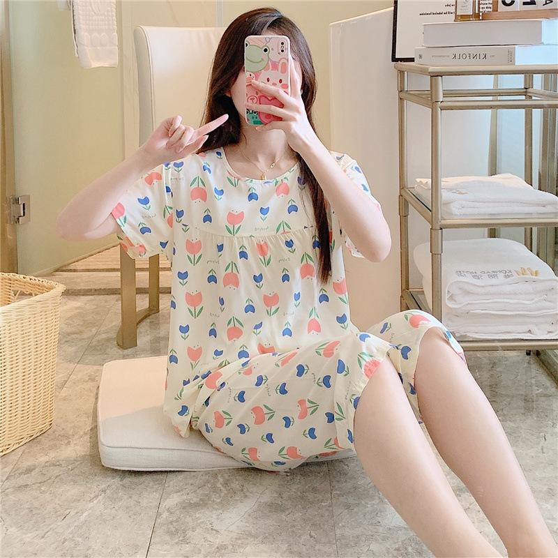 1011 Spring and Autumn Short Sleeve New Printed Pajama Set Summer Thin Sweet Floral Loose Loungewear