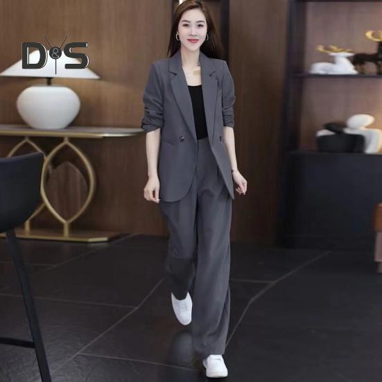 Σετ Γυναικείο Επίσημο Παλτό Παντελόνι 2 Τεμαχίων Μακρυμάνικο Διπλόκουμπο Ζακέτα Καρντιγκάν Μήκους Μέσης Φαρδύ Ίσιο Παντελόνι Ψηλόμεσο Επίσημο