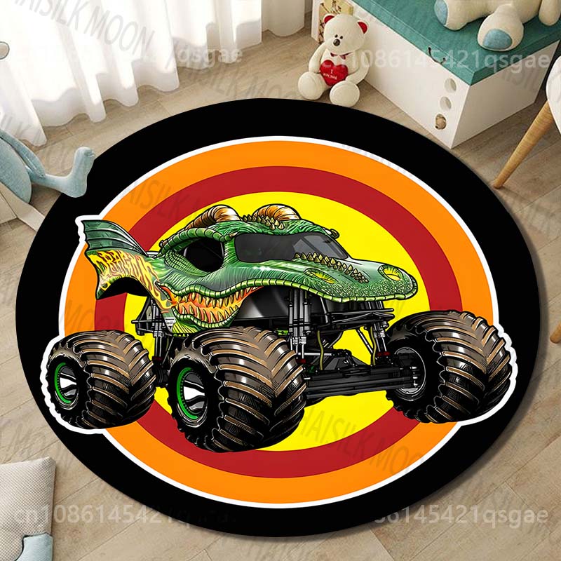 1PC Cartoon Monster Truck Print Round Carpet for Living Room Rugs Flannel Anti-Slip Rug for Bedroom Sofa Table Home Area Rug