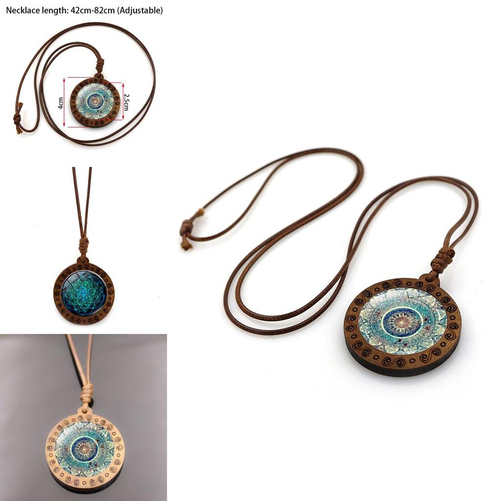 Retro Crystal Pendant Necklace With Mandala Design Brown Wax Rope Elegant Fashion Accessory For All Genders