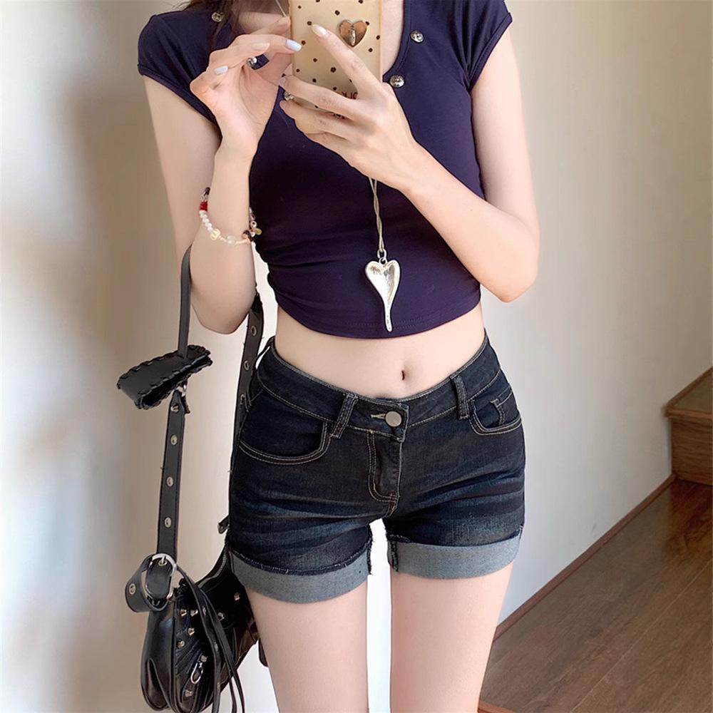 

Spicy Girl Retro Deep Blue Cuffed Women s Denim Shorts - 2025 Summer Slim Fit 2XL