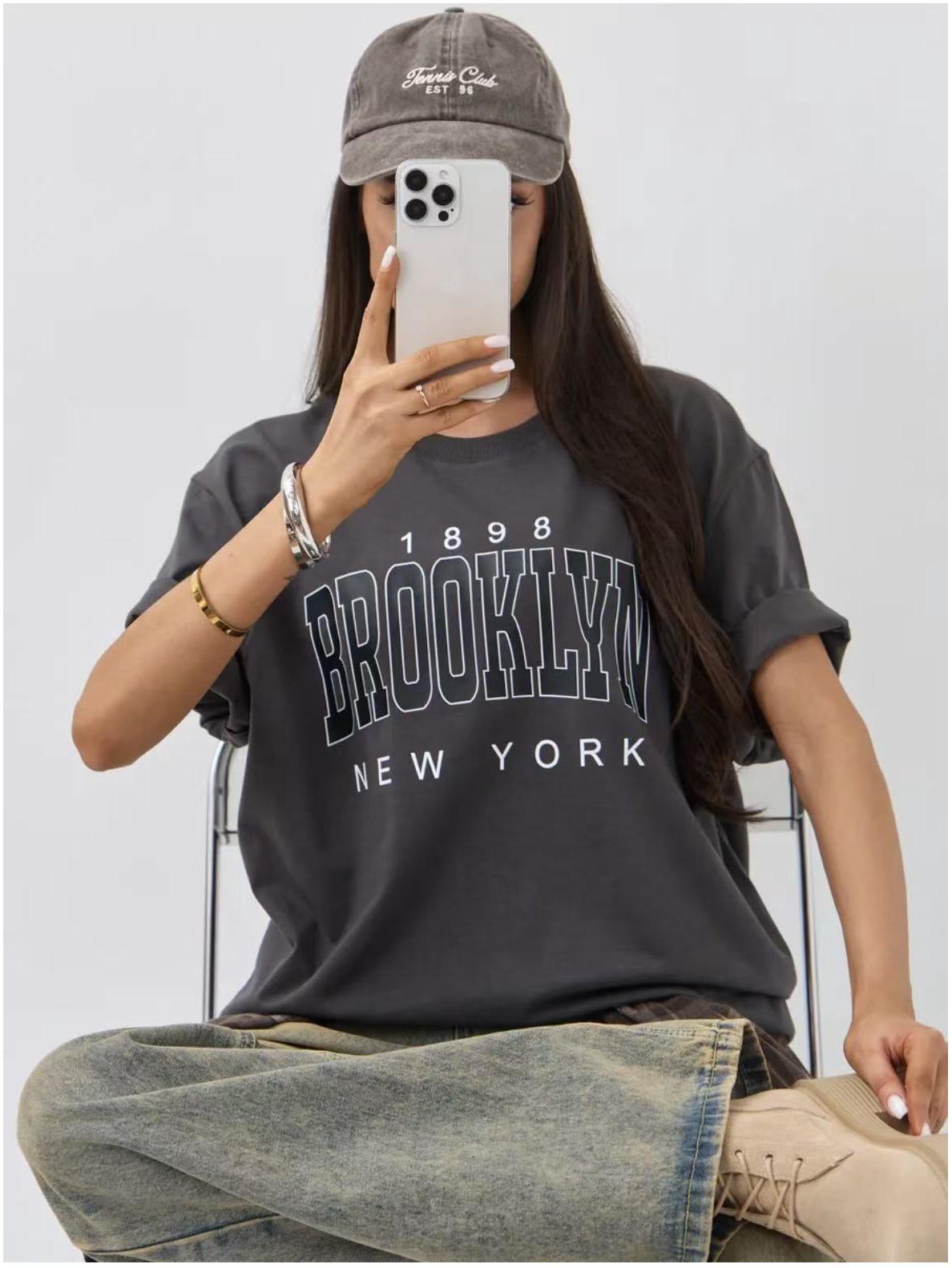 

100% Cotton Short Sleeve T-Shirt - European American Style, Versatile & Stylish with Hip Hop Print Medium темно-серого