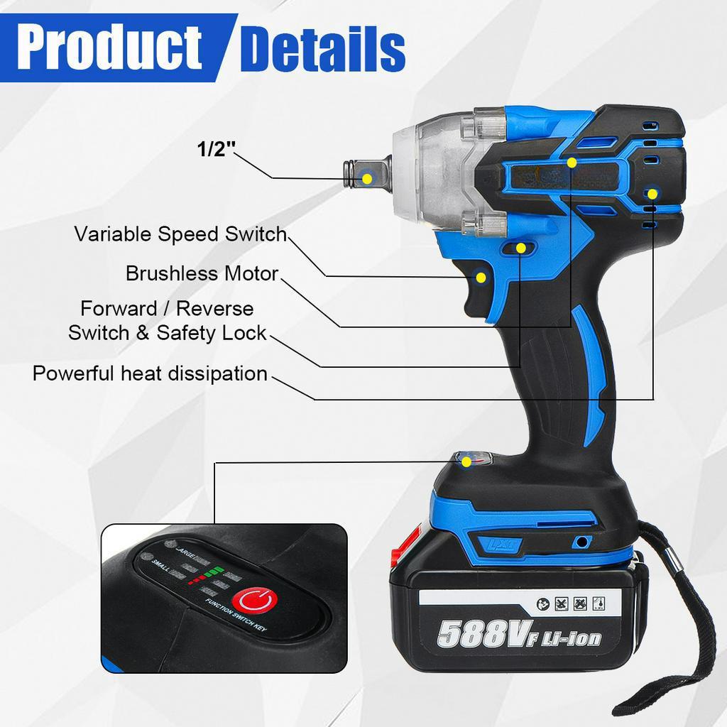 588V Brushless Electric Impact Wrench 580N.M Rechargeable Cordless Wrench Power Tool with 1/2 Li-ion Battery