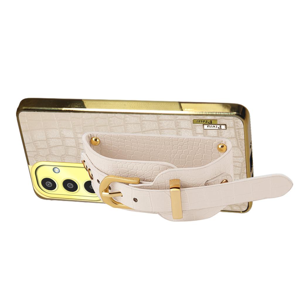 For Samsung Galaxy M35 5G Case Wristband Kickstand PU Leather+TPU 6D Electroplating Phone Cover