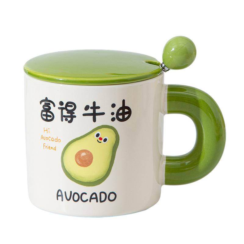 Cartoon fruit ceramic mug, high-value coffee cup with lid spoon, blessing text, gift water cup for girls