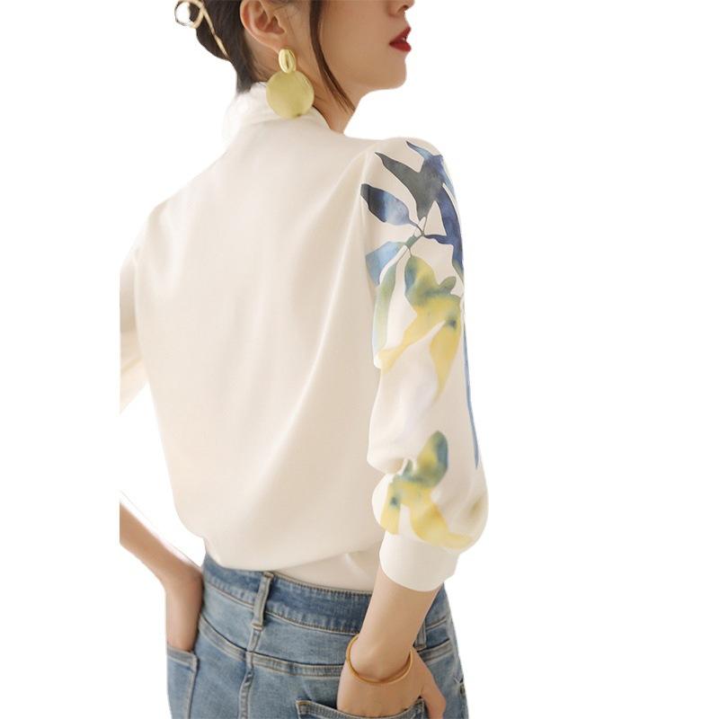Autumn Print V-neck Ribbon Style Temperament Long Sleeved Shirt with Women's Design Sense Top Blouses & Shirts