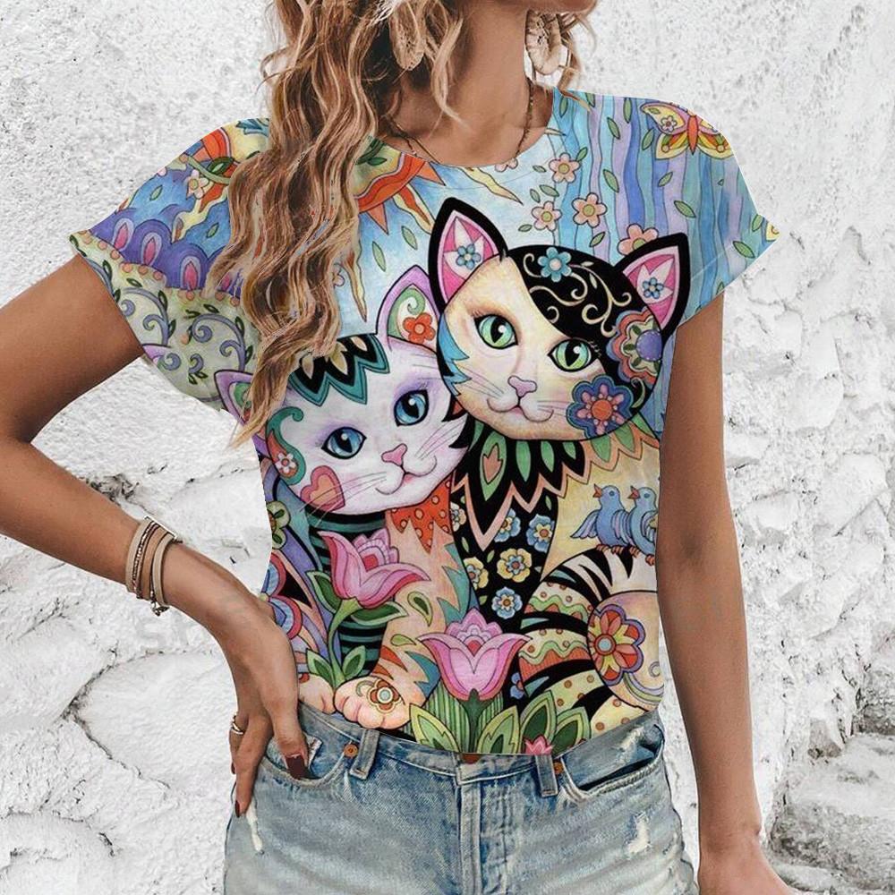 

Футболка с принтом летних кошек, модная популярная футболка большого размера, женская футболка с коротким рукавом 2024 года, элегантная женская футболка 5XL