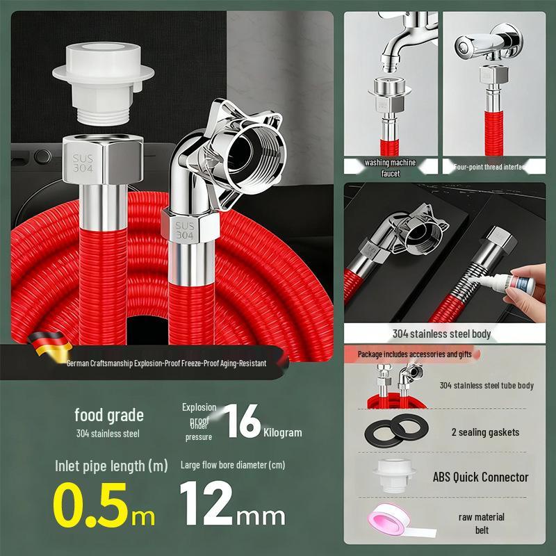 

Anti-Detachment Stainless Steel Automatic Washing Machine Water Inlet Hose, Extended 4-Point Thread, Freeze-Resistant