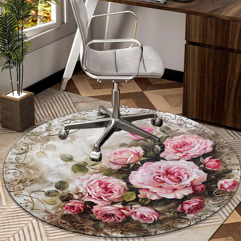 Floral Elegance In Pink Roses round carpet Chair cushion Round Entryway Rug, Soft Round Rugs for Living Room, Bedroom, Circle Carpet decor gifts