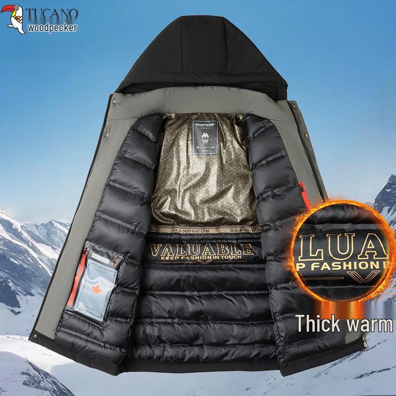 Woodpecker Men's Warm Hooded Cotton Jacket - Winter 2025 Fleece-Lined Thick Coat