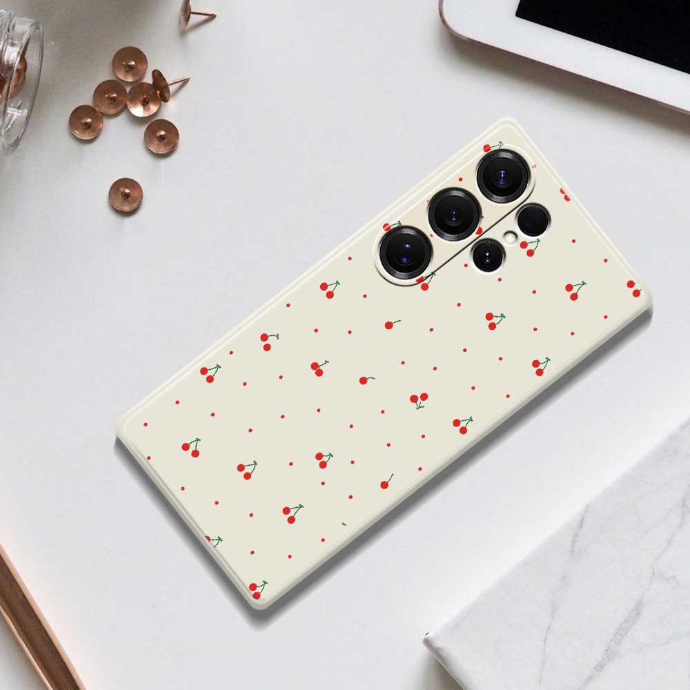 For Samsung Galaxy S25 Ultra Case Red Cherry Pattern Printing Straight Edge TPU Phone Back Cover
