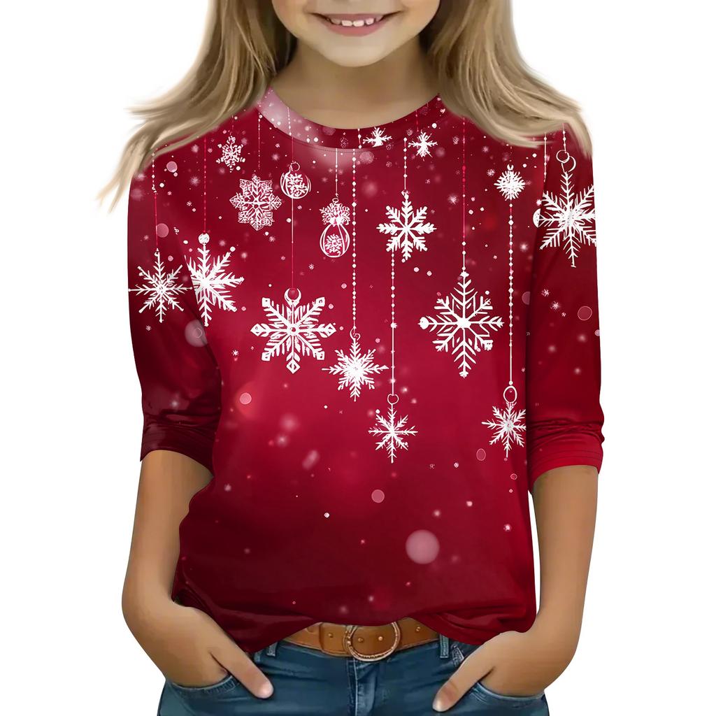 Children's 3/4 Sleeve Tops Casual Christmas Print T Shirt Round Neck Pullover Blouse