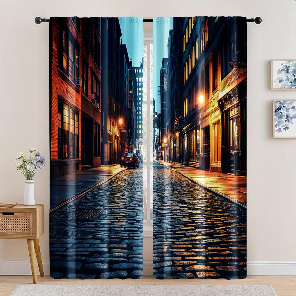 

2 шт., Вечеринка Занавес Ночной вид современных городских улиц Полиэстер, Без электричества Весенняя вечеринка и Праздничный декор для окна 29x65in(75x166cm)