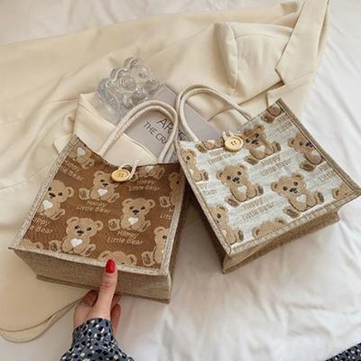 Senhoras bonito urso padrão ombro bolsa de linho estudante bolsa mini ao ar livre