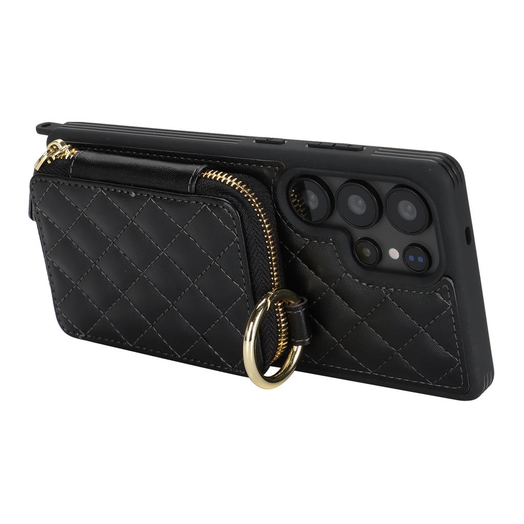 For Samsung Galaxy S25 Ultra Case Ring Holder Zipper Pocket Kickstand Leather Back Phone Cover with Shoulder Strap