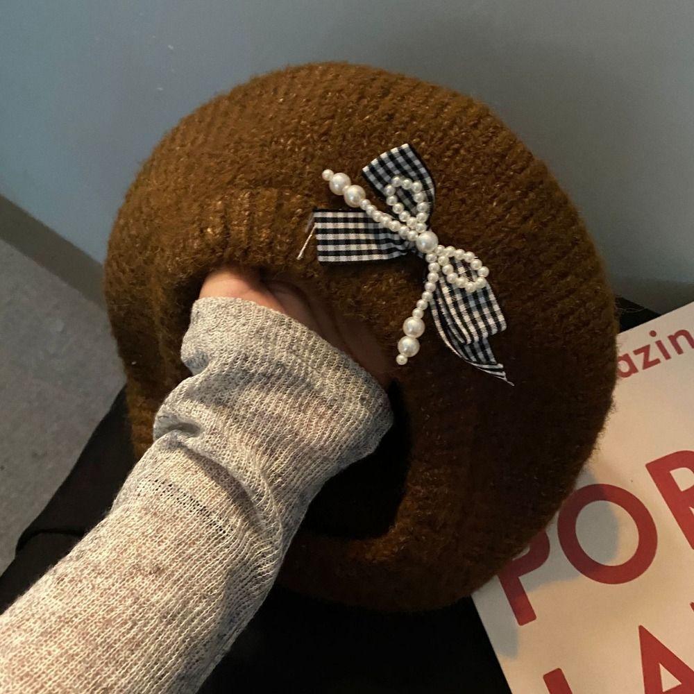 Solid Color Beanie Cap Pearl Plaid Artist Painter Cap Knitted Beret Hat  Autumn and Winter Warmth