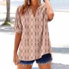 Women's loose printed stand collar short-sleeved cotton and linen top