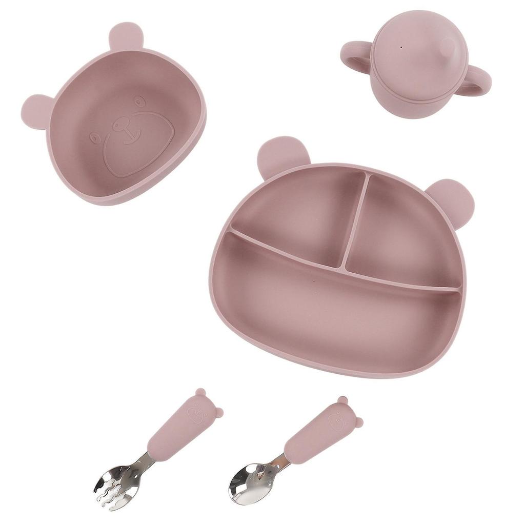 5pcs Baby Feeding Kit Food Grade Silicone Bear Design Plate Bowl Drinking Cup Spoon Fork Infant Feeding Kit