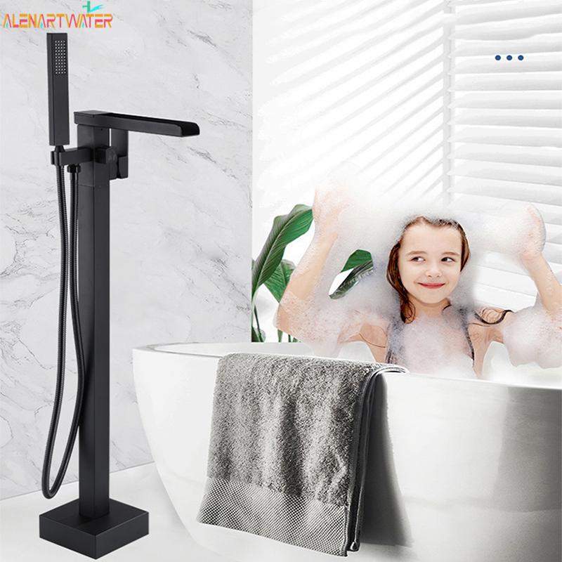 Matte Black Waterfall Bathtub Faucet Floor Standing Bathroom Bath Shower Set Hot and Cold Bath Tap Mixer With Handshower